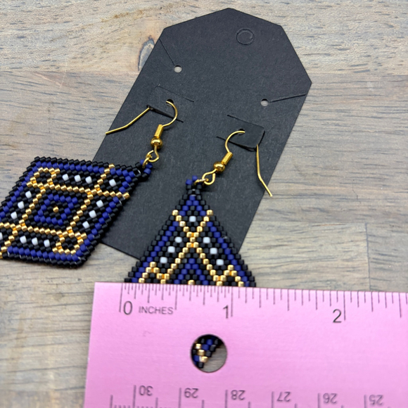 Hand Beaded Diamond Drop Earrings in Blue and Gold, Native American Style, - Picture 5 of 9